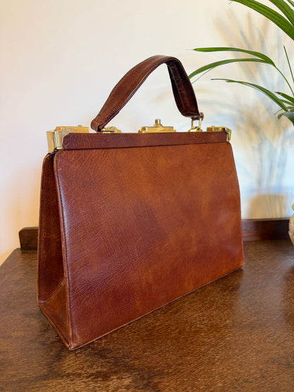 Vintage 1960s Brown Leather Structured Doctor Bag