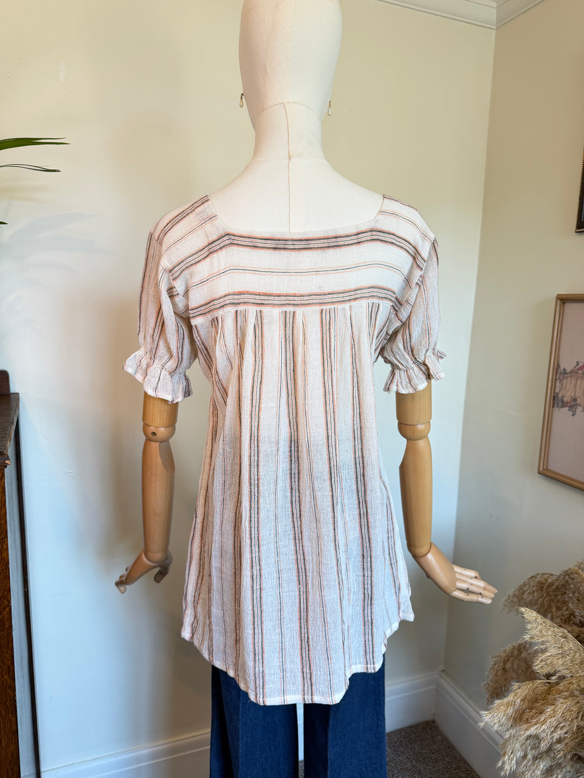 Vintage 1970s Striped Cotton Square Neck Smock Top - Size Small