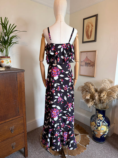 Vintage 1970s Berry Bloom Ruffled Maxi Dress - Size X Small/Small