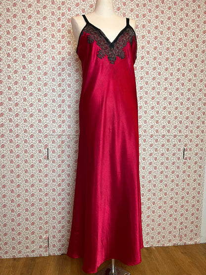 Vintage Oscar de la Renta Red Satin Full Length Slip Dress with Lace