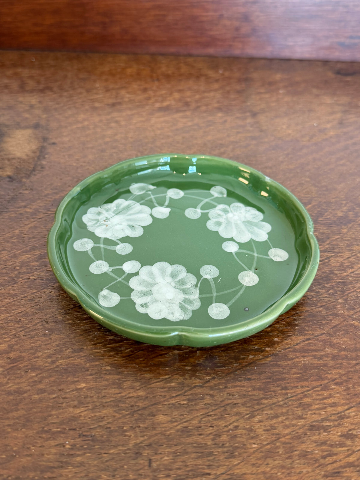 Vintage 1970s Hand Painted Thai Green Floral Ceramic Condiment Set
