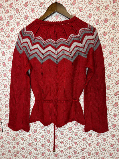 Stunning Vintage 1970s Hand Knitted Red Jumper with Zig Zag and Tie Up