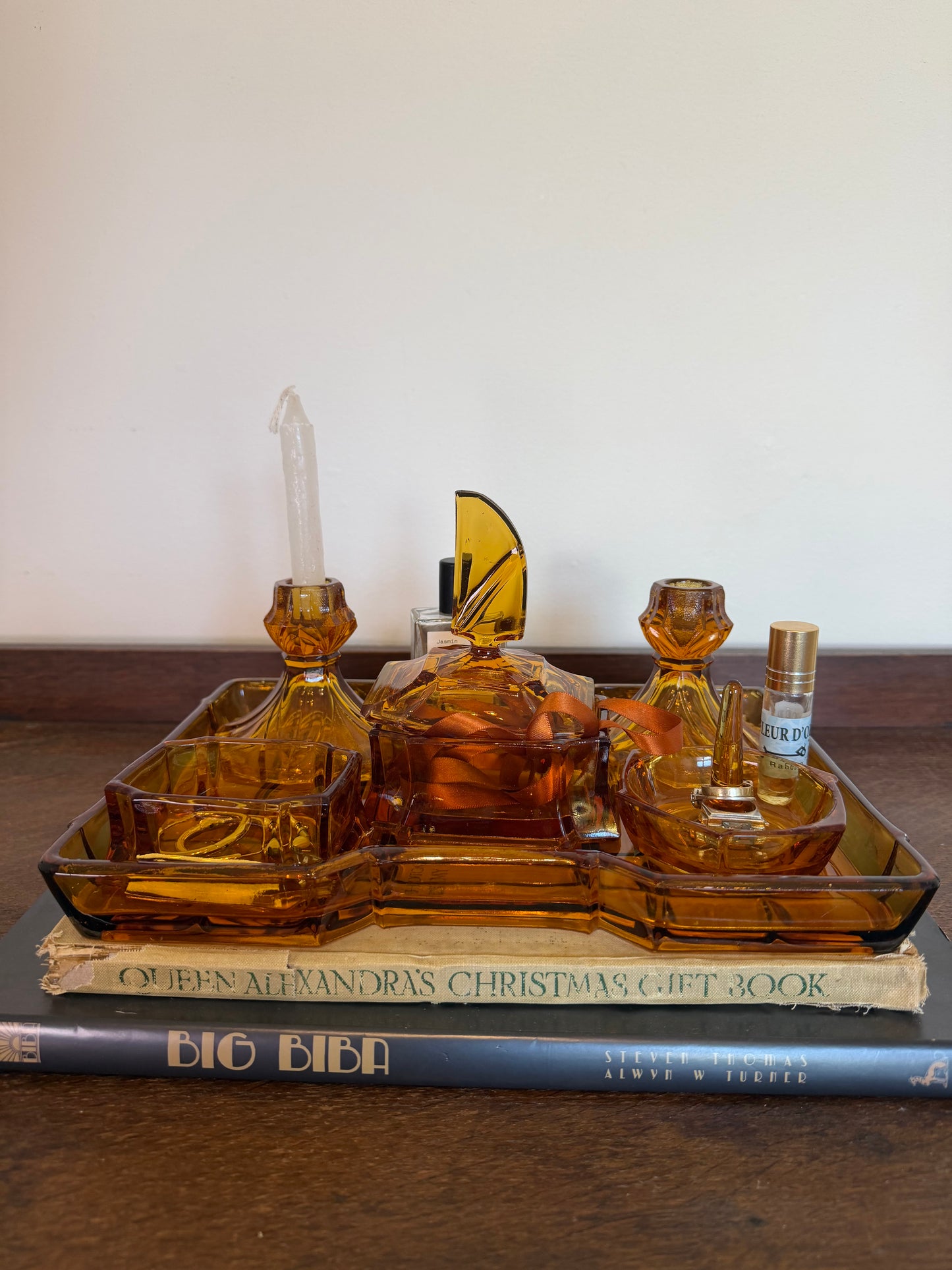 Vintage 1970s Amber Glass Dressing Table Vanity Set
