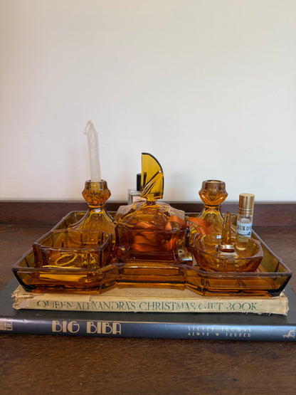 Vintage 1970s Amber Glass Dressing Table Vanity Set