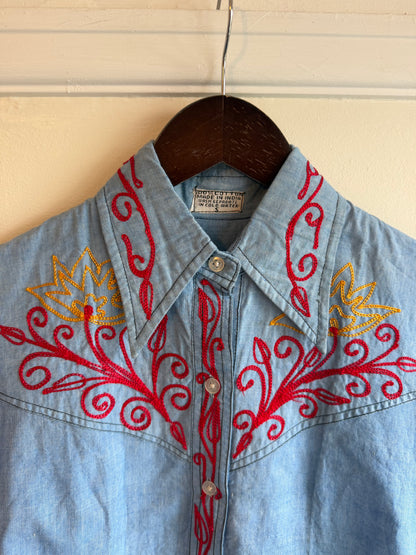 Vintage 1970s Embroidered Indian Cotton Western Shirt - Size X Small
