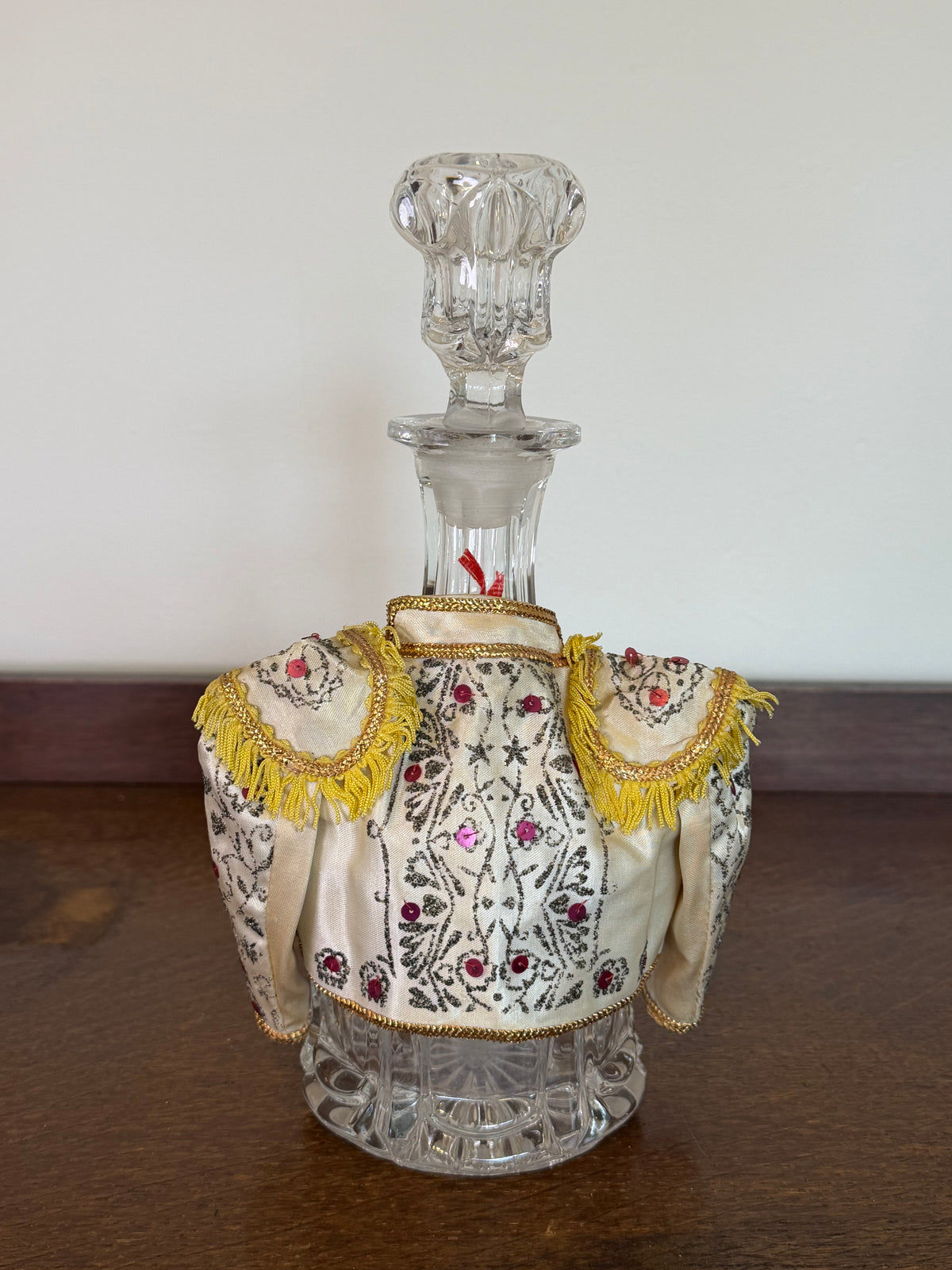 Vintage Crystal Glass Decanter with Embroidered Spanish Bottle Cover