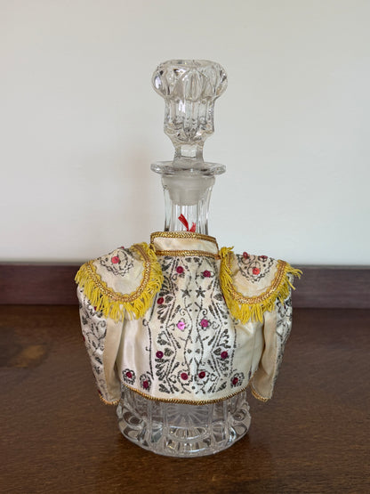 Vintage Crystal Glass Decanter with Embroidered Spanish Bottle Cover
