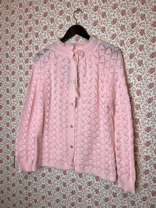 Vintage 1950s Pink Knitted Cardigan with Tie Up Neck