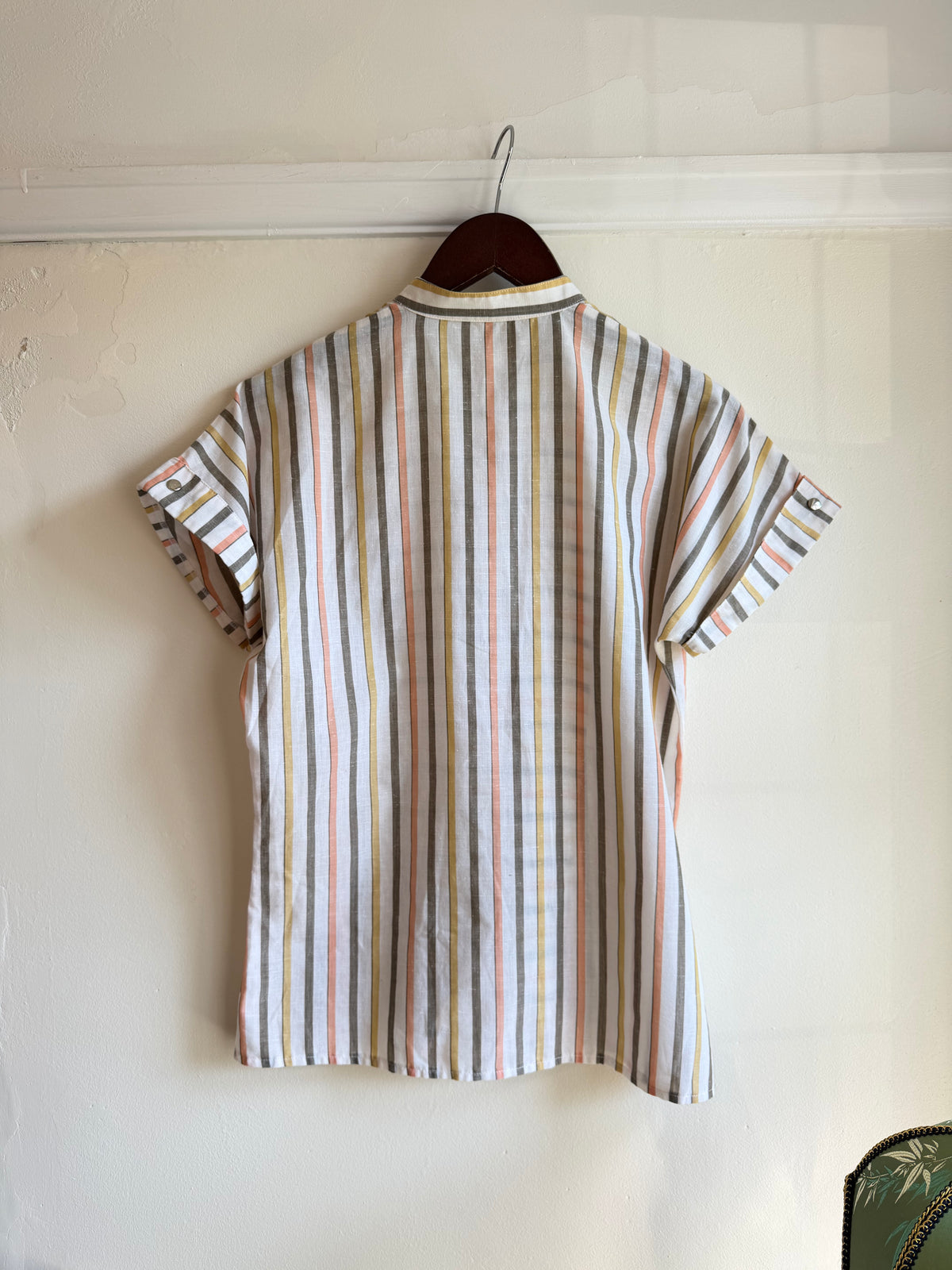 Vintage 1970s Pastel Stripe Mandarin Collar Button Front Blouse - Size Medium