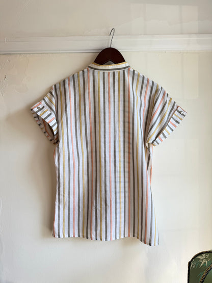 Vintage 1970s Pastel Stripe Mandarin Collar Button Front Blouse - Size Medium