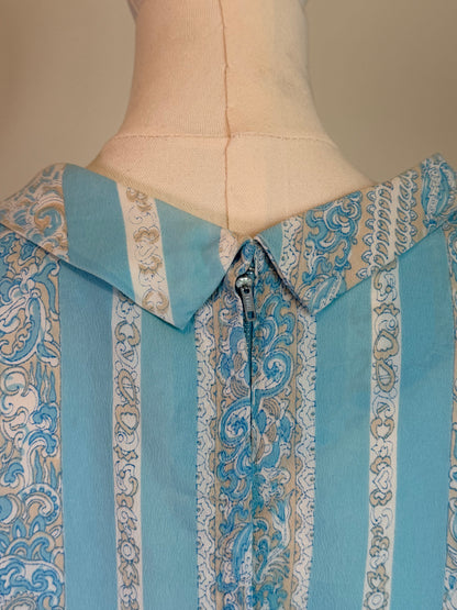 Vintage 1960s Handmade Blue Paisley Stripe Mini Dress - Size Medium