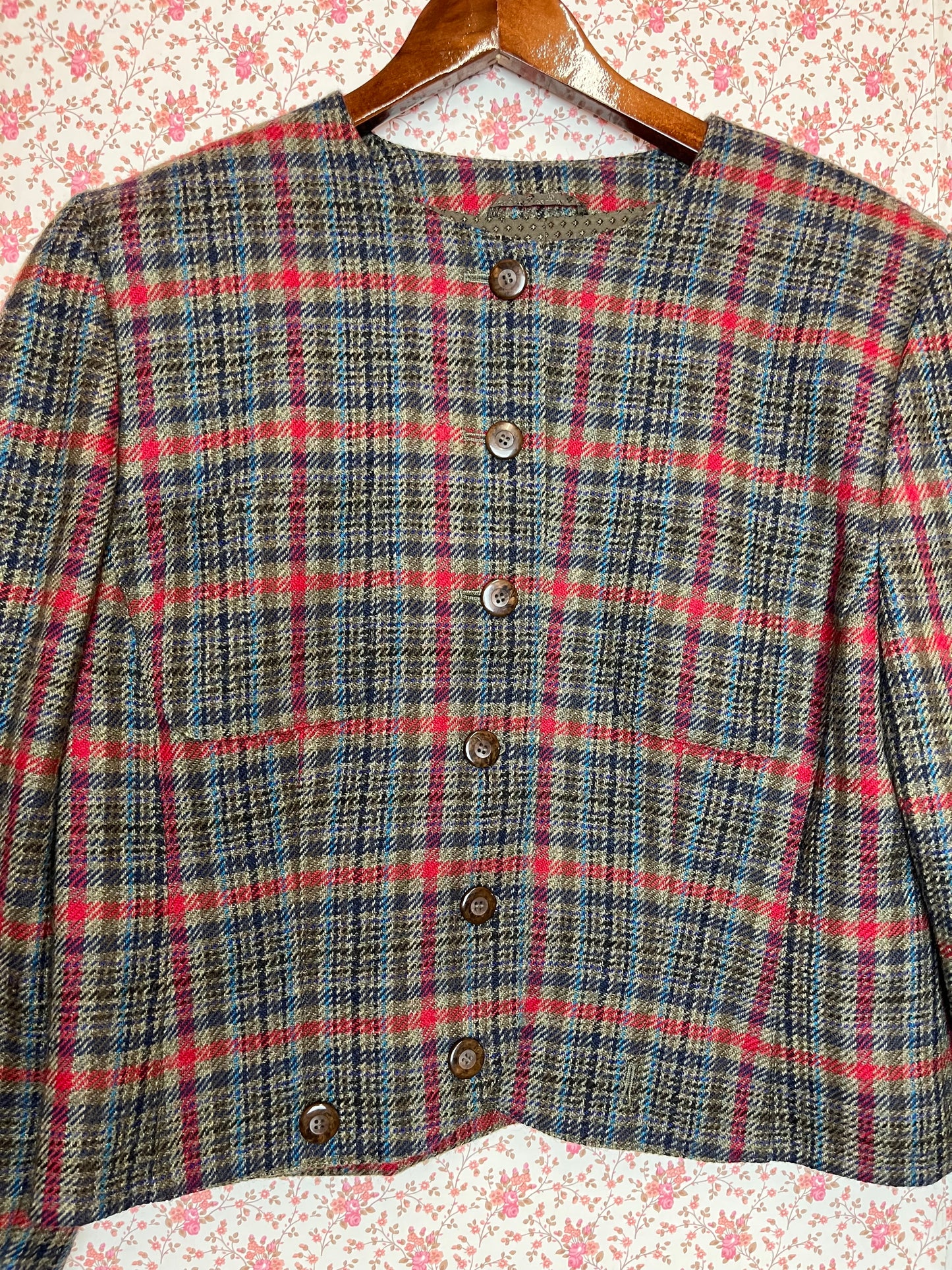 Vintage 1960s Style Wool Tweed Checked Cropped Blazer