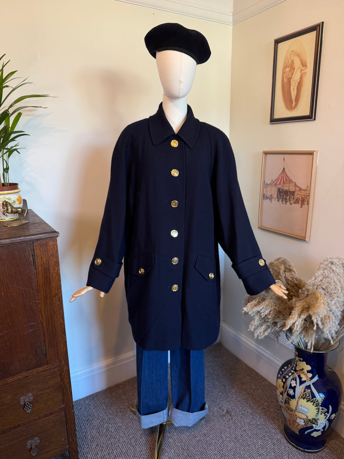 Vintage 1980s Jaeger Navy Blue Pure Wool Gold Button Coat - Size Large