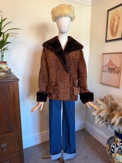 Vintage 1970s Chocolate Brown Sheepskin Collar and Cuff Jacket - Size Medium