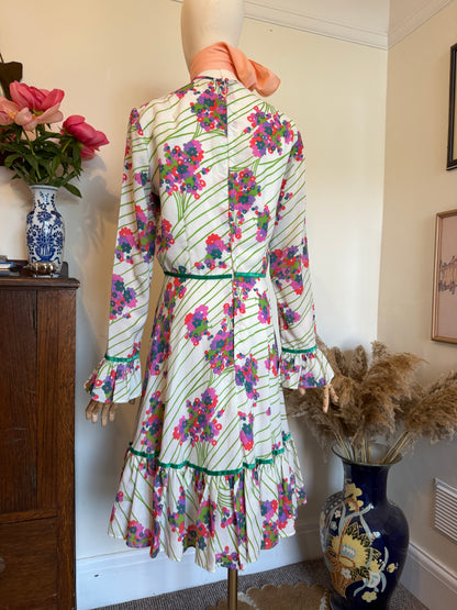 Vintage 1970s Selfridges Long Sleeve Fit & Flare Mini Dress - Size Medium