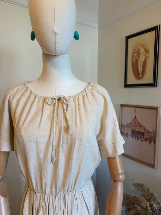 Vintage 1970s Hand Made Embroidered Linen Dress