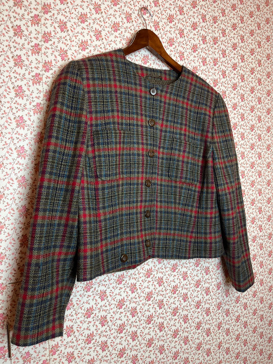 Vintage 1960s Style Wool Tweed Checked Cropped Blazer