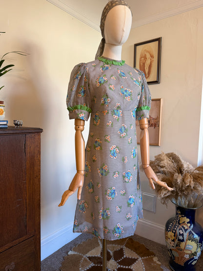 Vintage 1960s Floral Striped Puffed Sleeve Mini Dress - Size Small