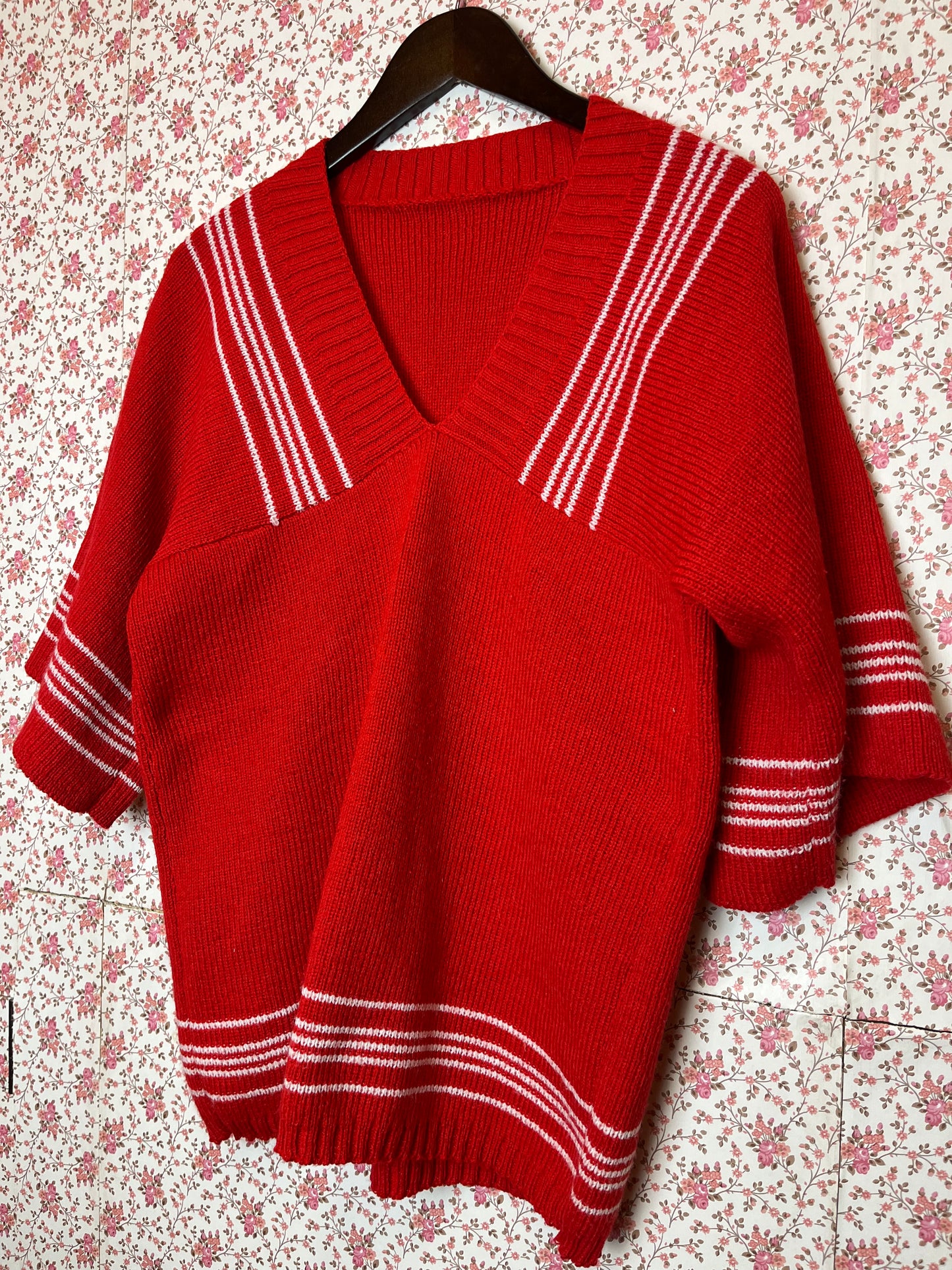 Vintage Original 1960s Hand Knitted Red Jumper Top with White Stripe