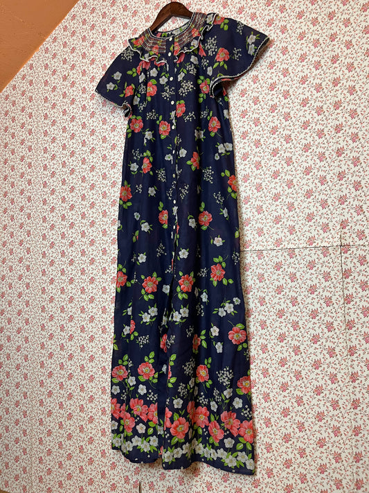 Vintage 1970s Smocked Floral Maxi Shirt Dress