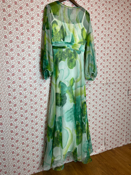 Vintage 1960s Abstract Green Chiffon Long Sleeve Maxi Princess Dress