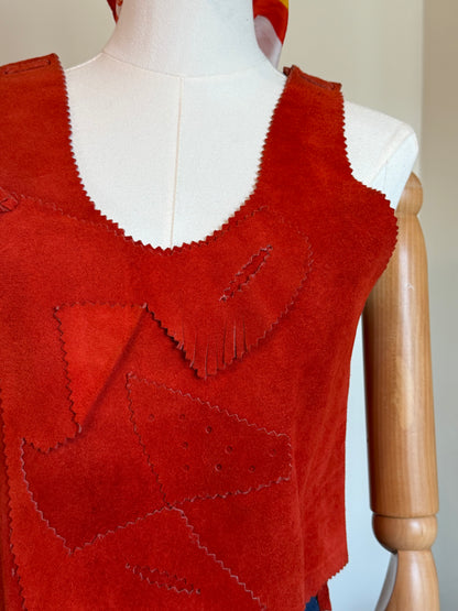 Vintage 1970s Red Suede Patchwork Sleeveless Top - Size Medium