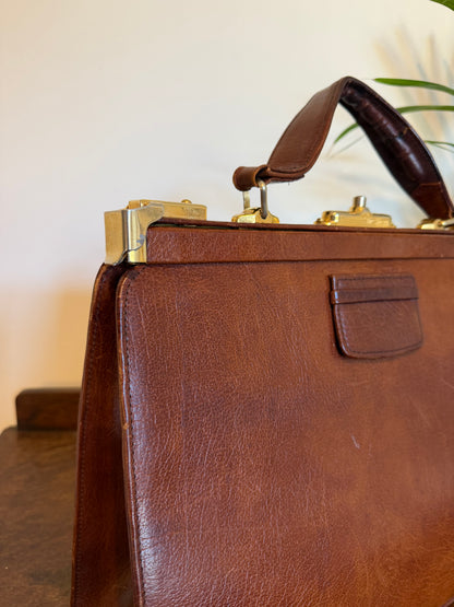 Vintage 1960s Brown Leather Structured Doctor Bag