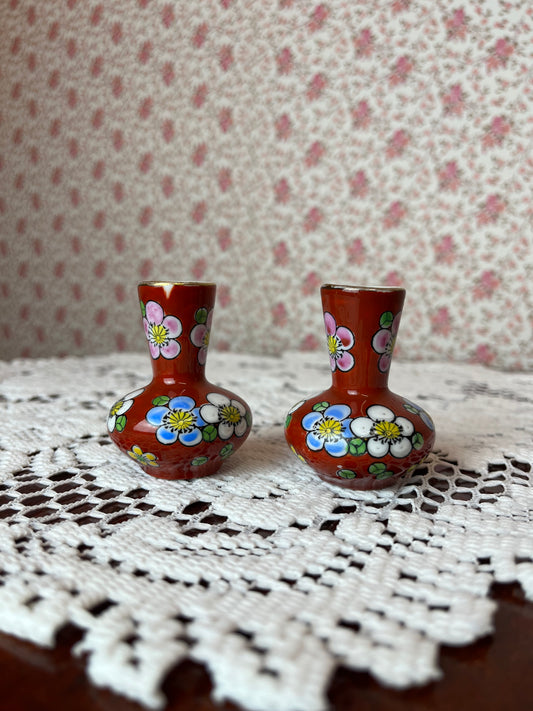 Vintage Foreign Hand Painted Floral Candlestick Holders