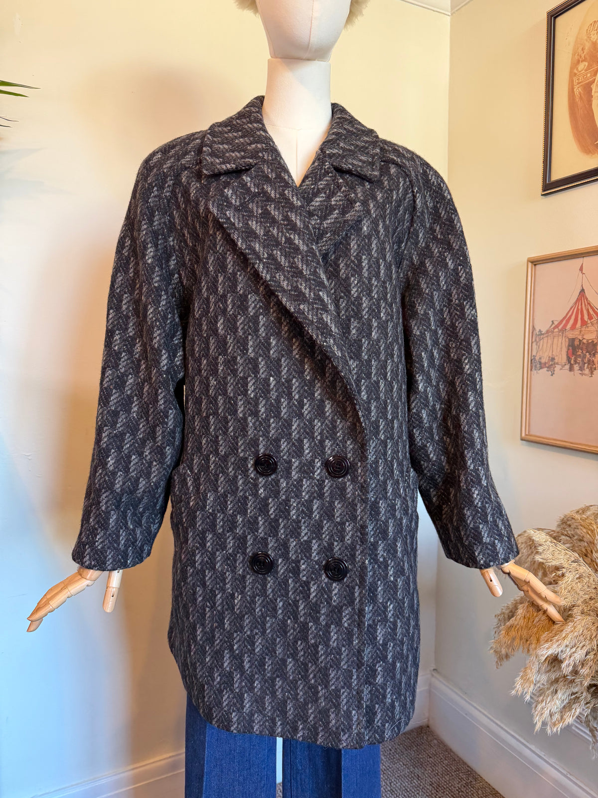 Vintage 1980s St Michael Pure New Wool Grey Herringbone Double Breasted Coat - Size X Large