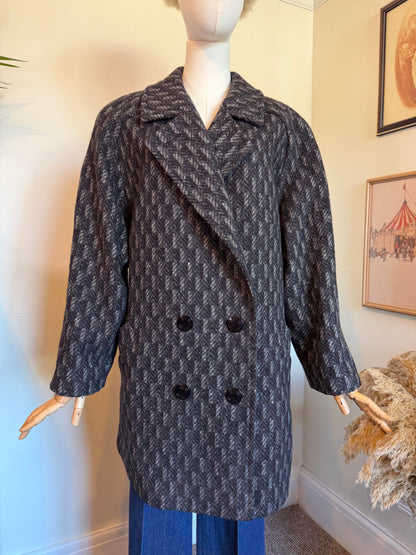 Vintage 1980s St Michael Pure New Wool Grey Herringbone Double Breasted Coat - Size X Large