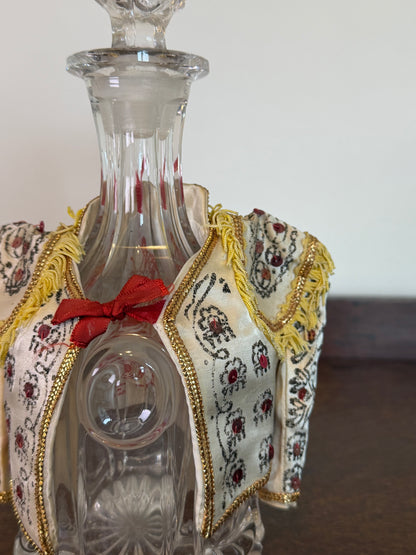 Vintage Crystal Glass Decanter with Embroidered Spanish Bottle Cover