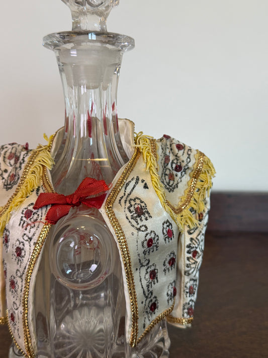 Vintage Crystal Glass Decanter with Embroidered Spanish Bottle Cover