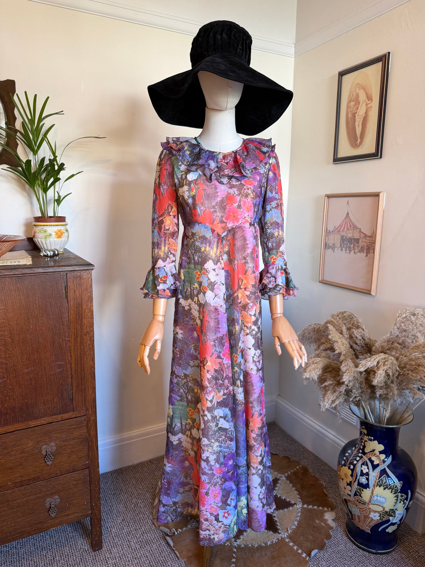 Vintage 1970s Hand Made Photographic Floral Print Frilled Maxi Dress