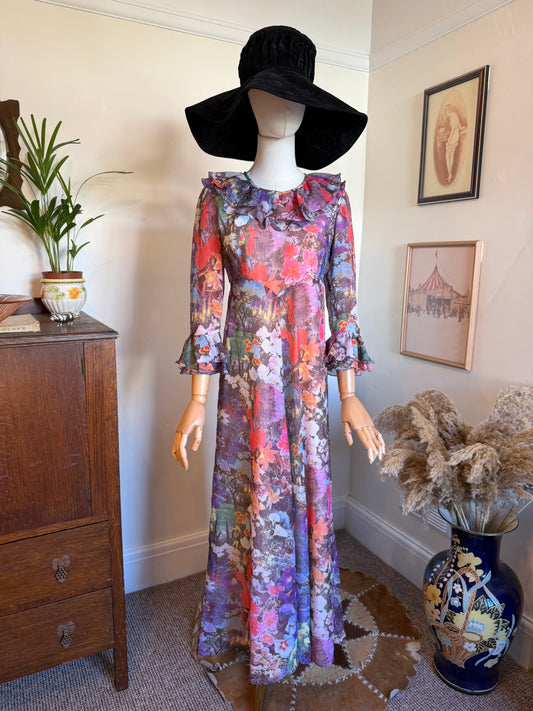 Vintage 1970s Hand Made Photographic Floral Print Frilled Maxi Dress