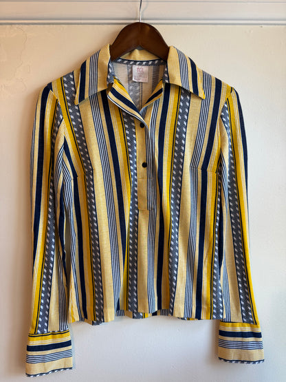 Vintage 1970s Yellow Navy Striped Flared Cuff Shirt - Size Medium