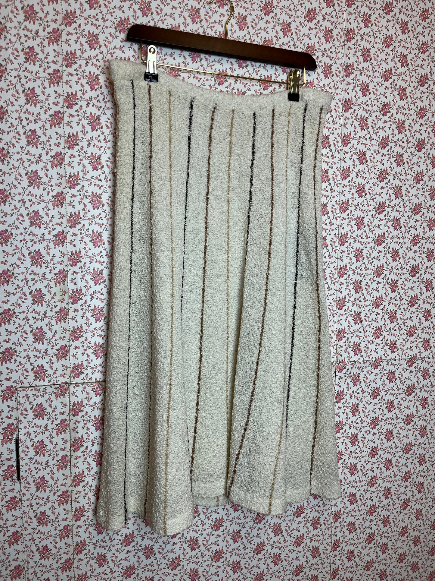 Vintage 1970s Textured Cotton Cream and Brown Striped A Line Skirt