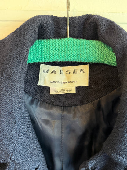 Vintage 1980s Jaeger Navy Blue Pure Wool Gold Button Coat - Size Large