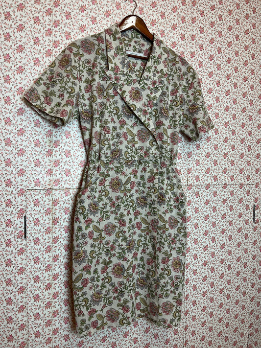 Vintage 1980s Linen Blend Floral Wrap Mini Dress