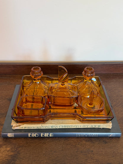 Vintage 1970s Amber Glass Dressing Table Vanity Set
