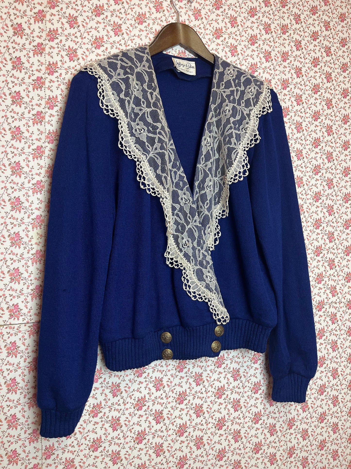 Vintage 1980s Blue Fine Knit Cardigan with Lac