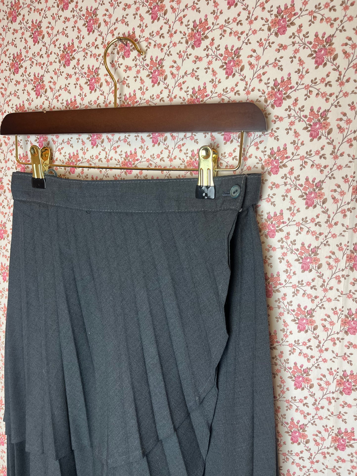 Vintage 1970s Grey Layered Pleated Wrap Midi Skirt