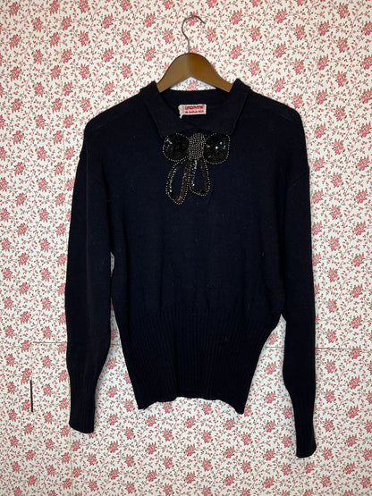 Vintage 1980s Bow Motif Collared Black Jumper