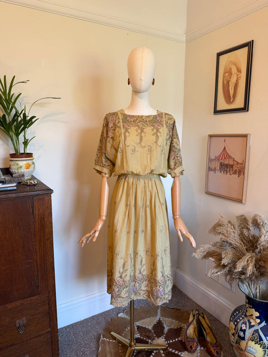 Vintage 1970s Cotton Broderie Anglaise Painted Tea Dress - Size Small/Medium
