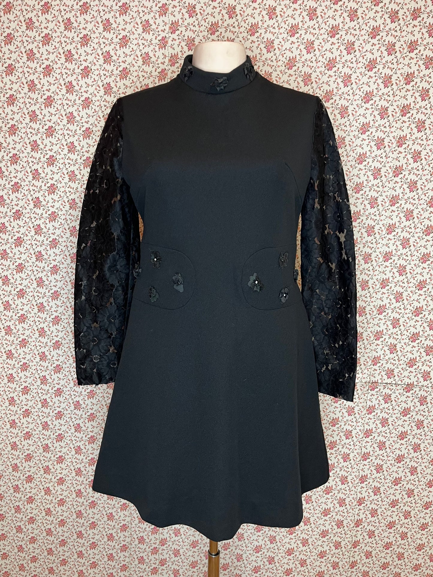 Vintage 1960s Diolen High Neck Lace Sleeve Black Mini Dress