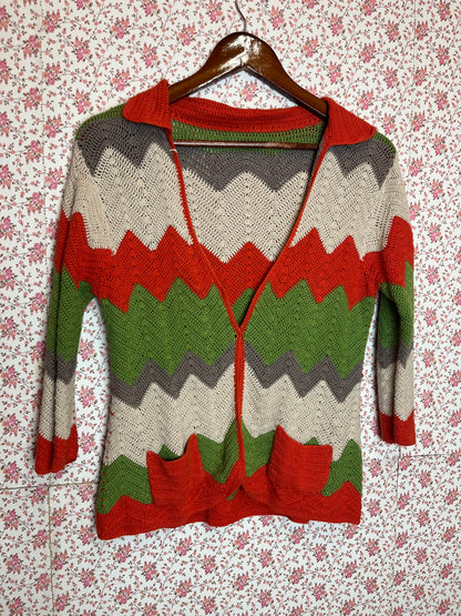 Vintage 1970s Hand Made Crochet Zig Zag Cardigan