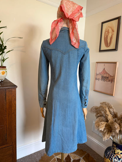 Vintage 1970s Blue Denim Western Collared Shirt Dress - Size Small