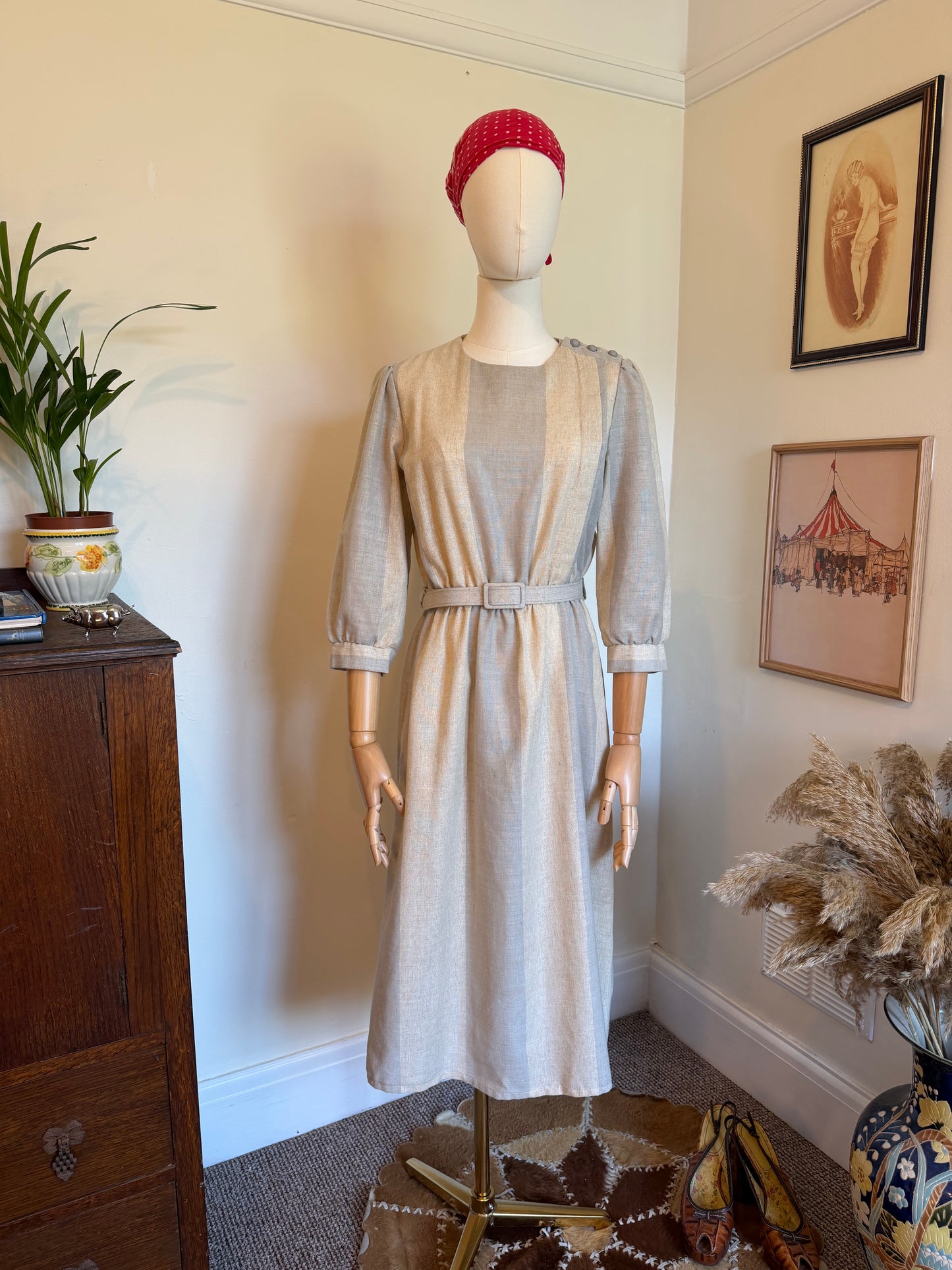 Vintage 1970s Richard Shops Striped Linen Blend Utility Dress - Size Medium