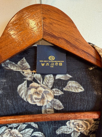 Vintage 1980s Black Floral Rose Print Button Front Blouse - Size Medium