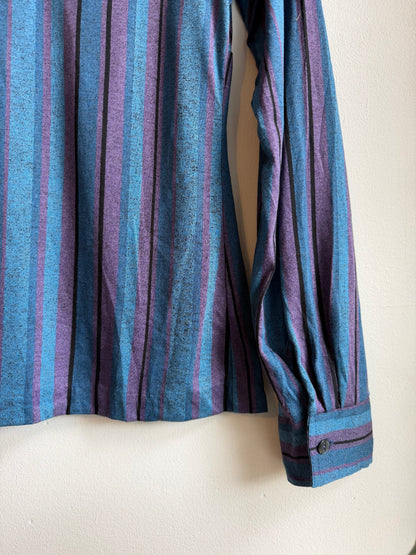 Vintage 1970s Blue and Purple Striped Long Sleeve Blouse - Size Small