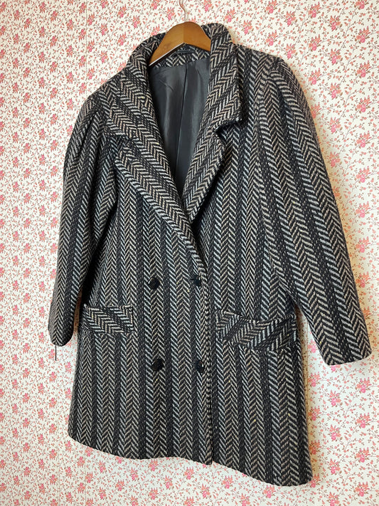 Vintage 1980s Wool Herringbone Double Breasted Peacoat